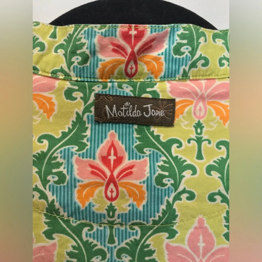 Matilda Jane Dress Button‎ up 3/4 Sleeve Tie Waist Floral Green Yellow Size S